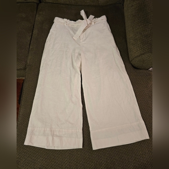 Banana Republic Linen Pants Womens 14 White Blake Cropped Mid Rise Belted - Picture 3 of 13